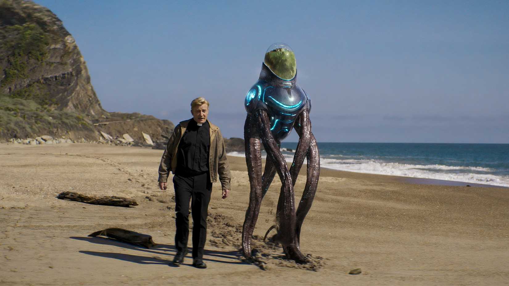 A preist walking alongside a robot in Love, Death and Robots