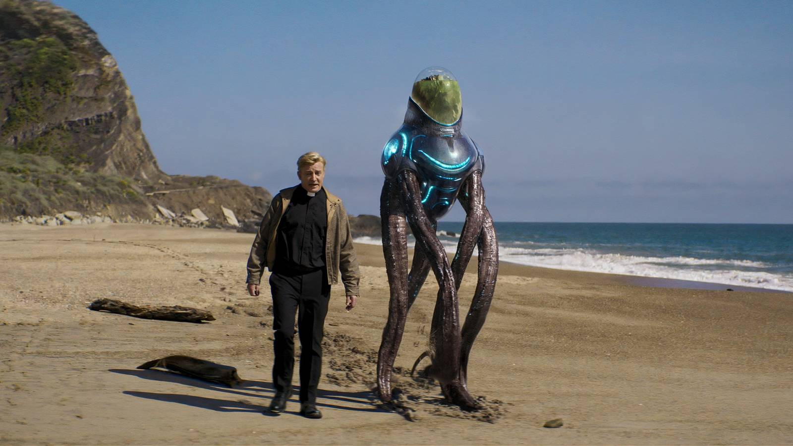 A preist walking alongside a robot in Love, Death and Robots