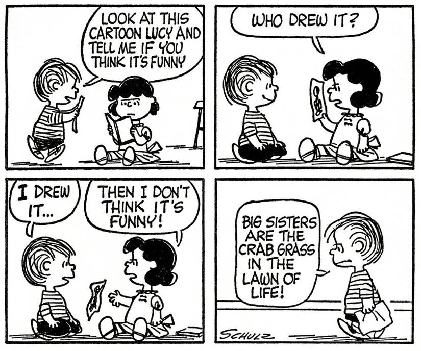 Lucy and Linus van Pelt in Peanuts' “Big Sisters Are the Crab Grass in the Lawn of Life” comic strip