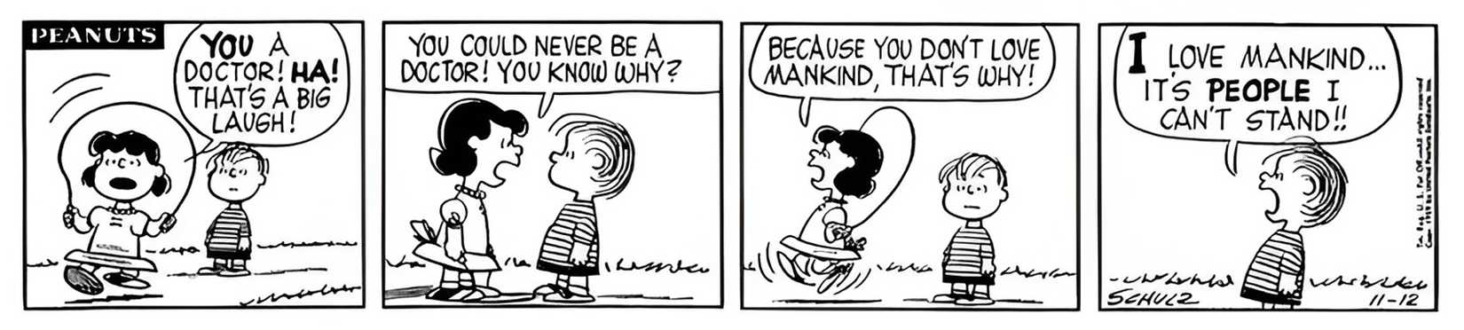 Lucy and Linus van Pelt in Peanuts' I love mankind comic strip