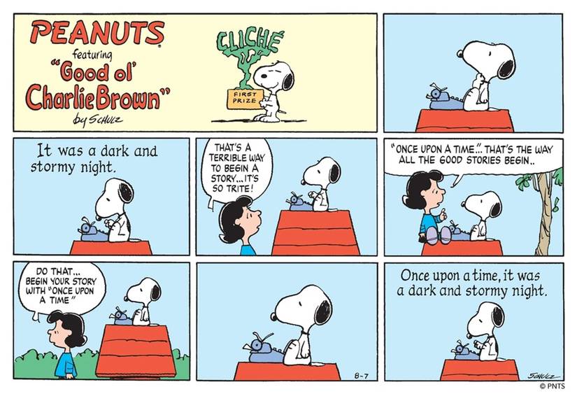 Lucy and Snoopy in a Peanuts comic strip published on August 7, 1983