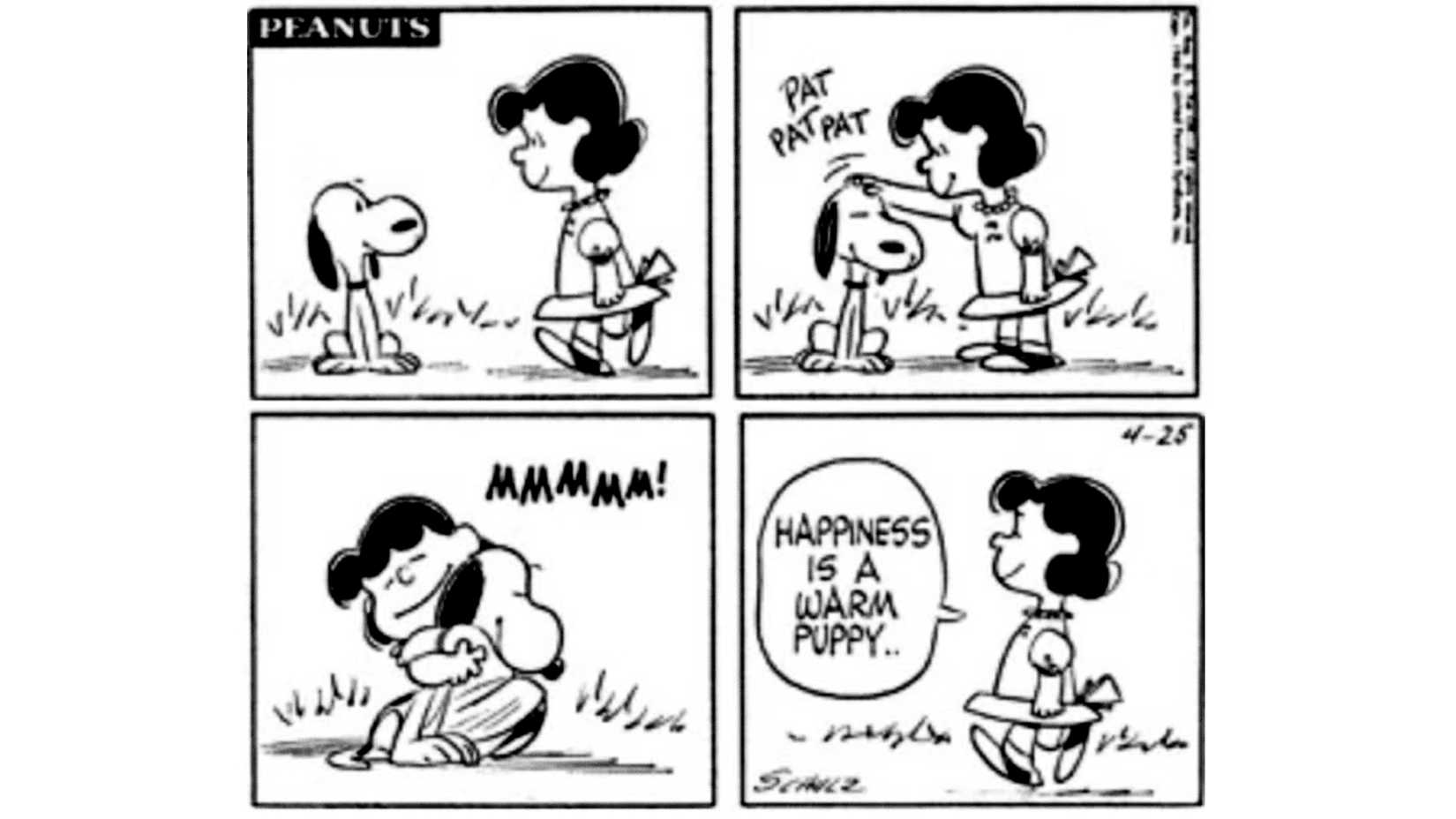 Lucy pets Snoopy in Peanuts' happiness is a warm puppy comic strip