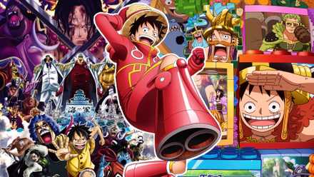 Luffy from one piece as seen in the egghead arc with the posters for the elbaph arc and the marineford arc in the background