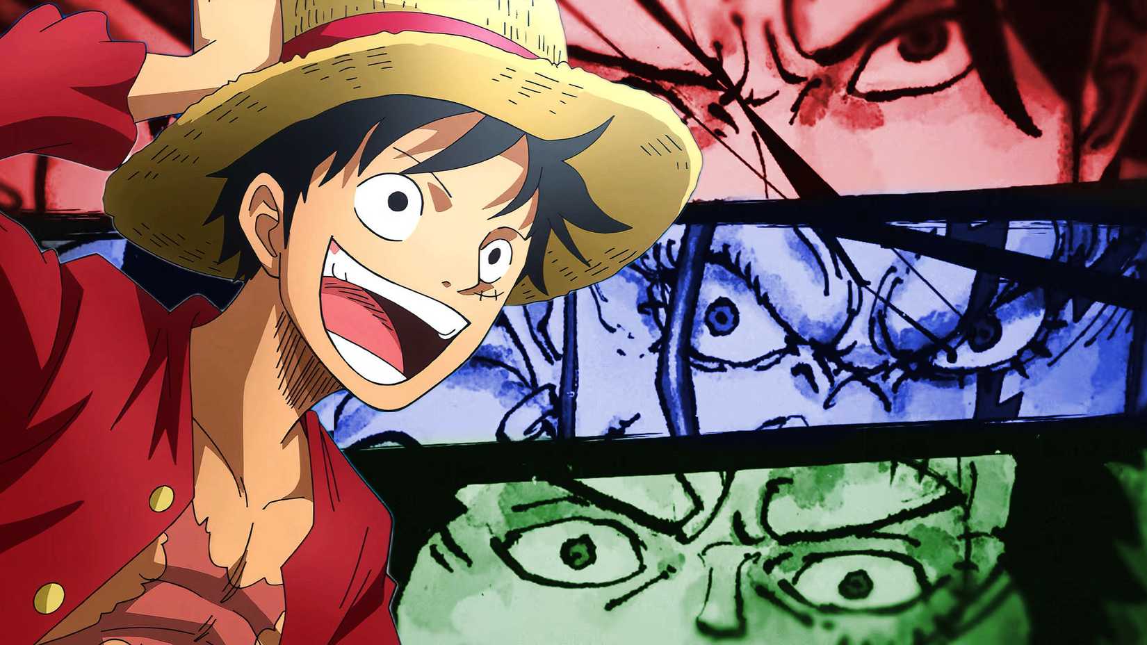 Luffy looking excited with a teaser for One Piece Film God Valley