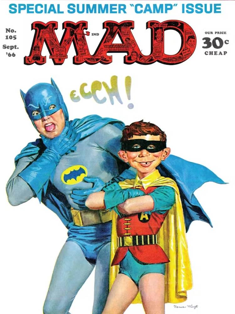 The cover of Mad Magazine issue 105 showing a disgusted Batman looking at Alfred E. Neuman dressed as Robin.