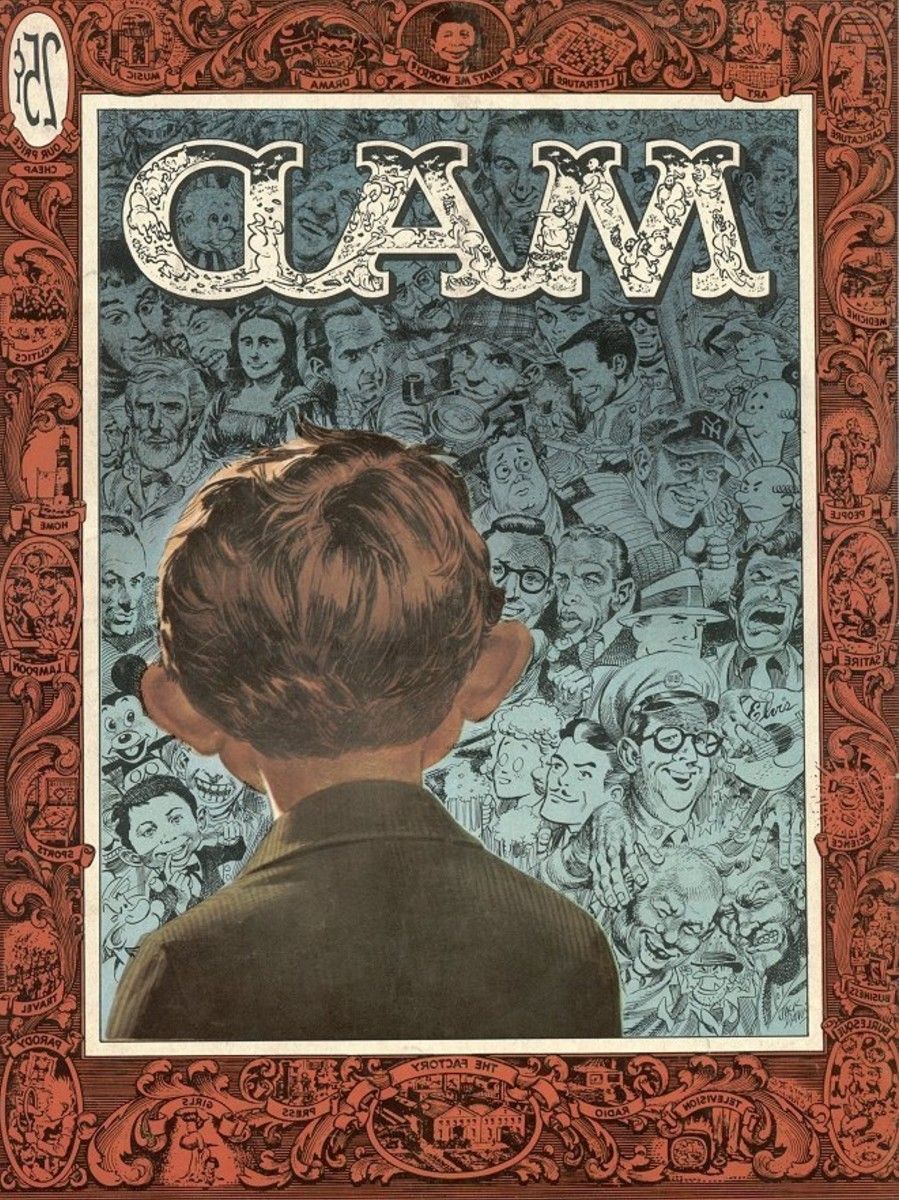 The back cover of Mad Magazine issue 30, showing the back of Alfred E. Neuman's head looking out at a sea of famous faces.