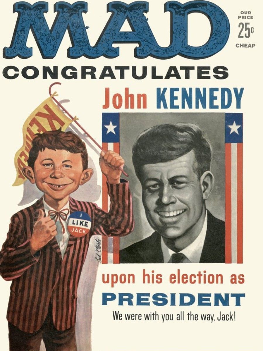 The cover of Mad Magazine issue 60, showing Alfred E. Neuman celebrating John F. Kennedy as the new president.