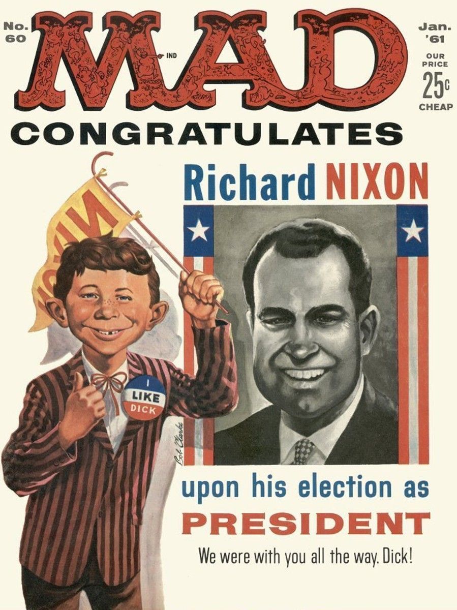 The cover of Mad Magazine issue 60, showing Alfred E. Neuman celebrate Richard Nixon becoming the new president of the United States (he lost that election).