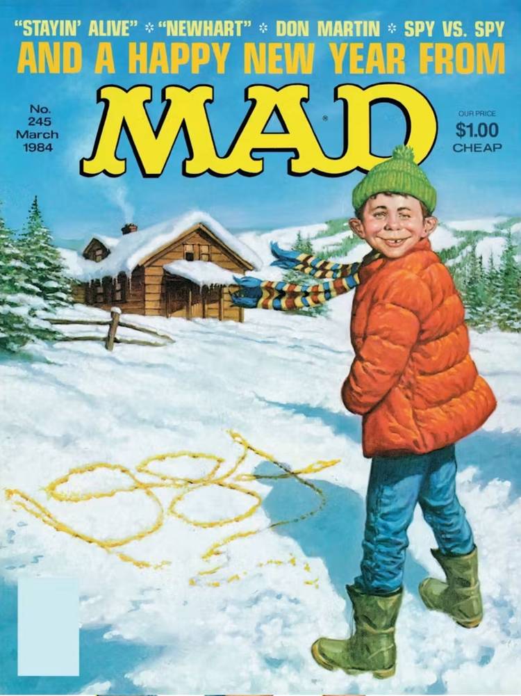 The cover of Mad Magazine issue 245, showing Alfred E. Neuman peeing on snow, spelling out "1984."