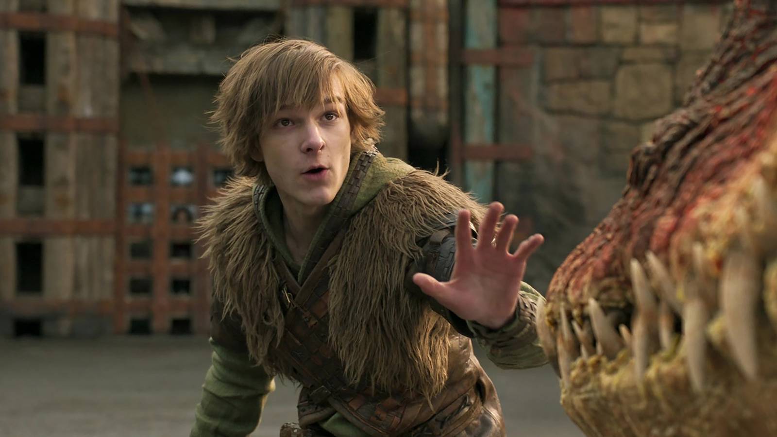 Mason Thames' Hiccup attempting to calm Hookfang in How to Train Your Dragon