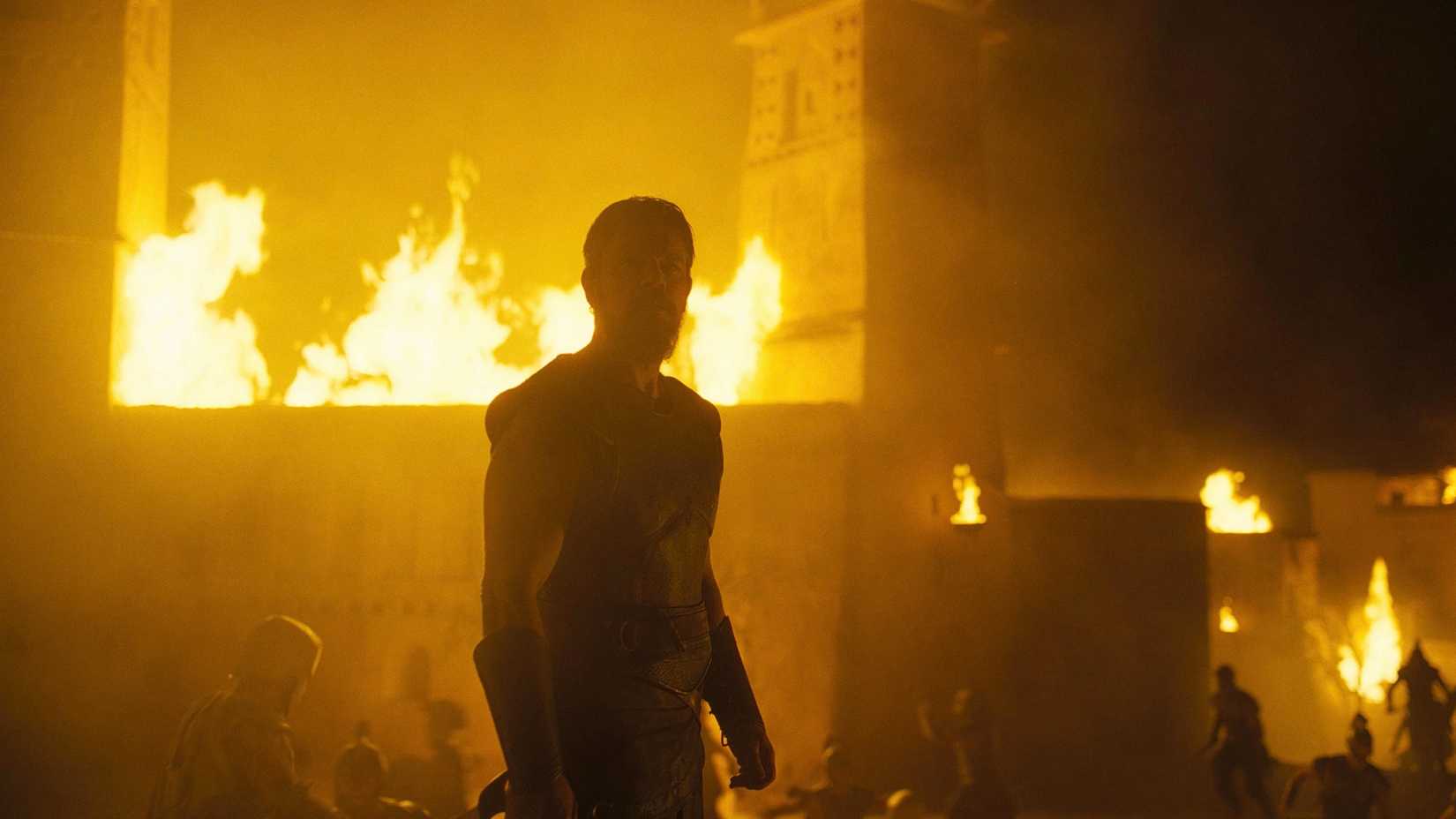 Matt Damon as Odysseus during the fall of Troy in The Odyssey
