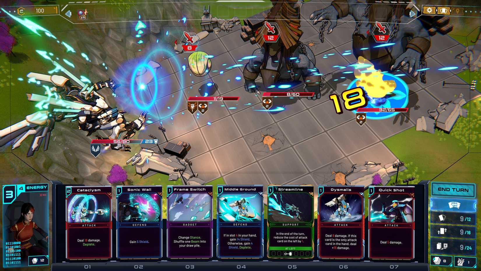 Mech shooting at monsters with cards below it in Mechborn.