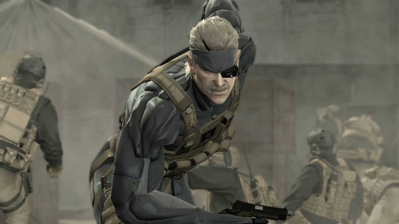 Snake in a Metal Gear Solid 4 cutscene running towards something.