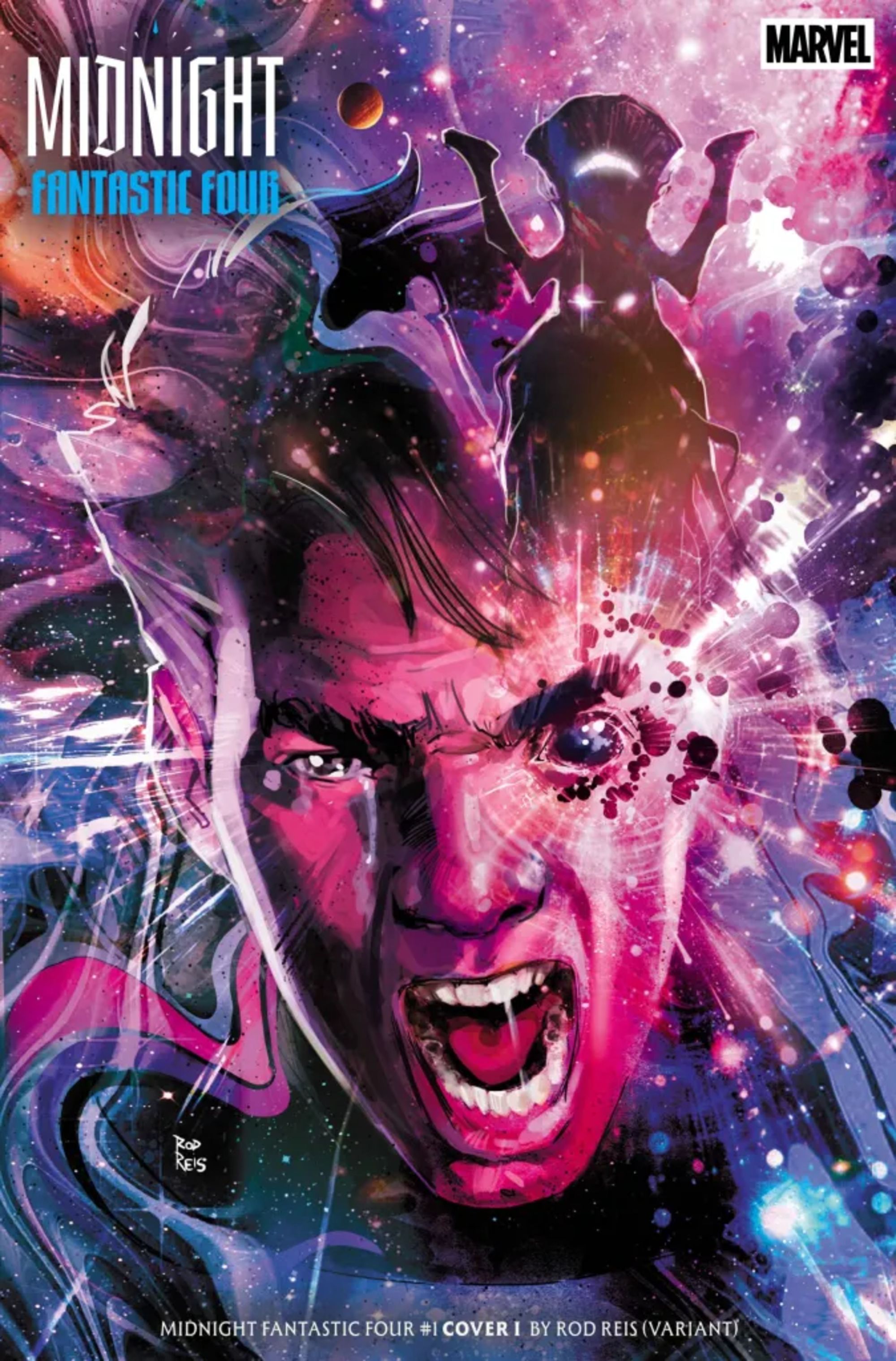 MIDNIGHT FANTASTIC FOUR COVER SHOWING REED RICHARDS AND GALACTUS DESIGNS