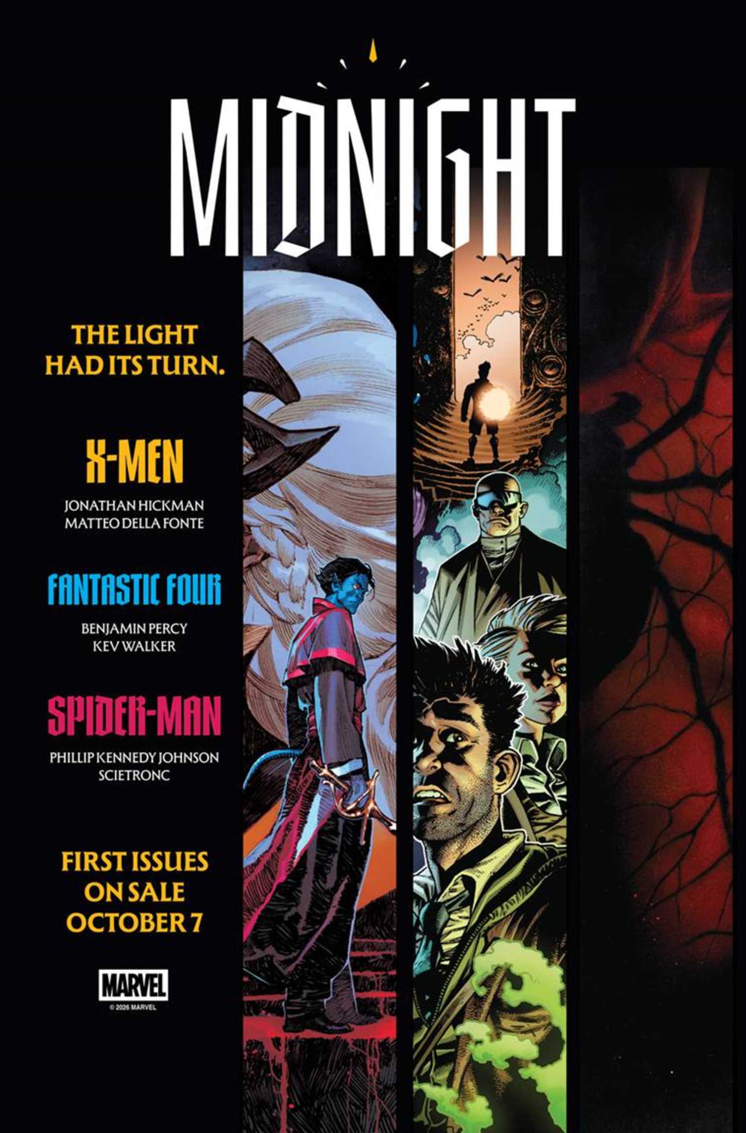 Midnight promotional poster, advertising debuts of X-Men, Fantastic Four, and Spider-Man