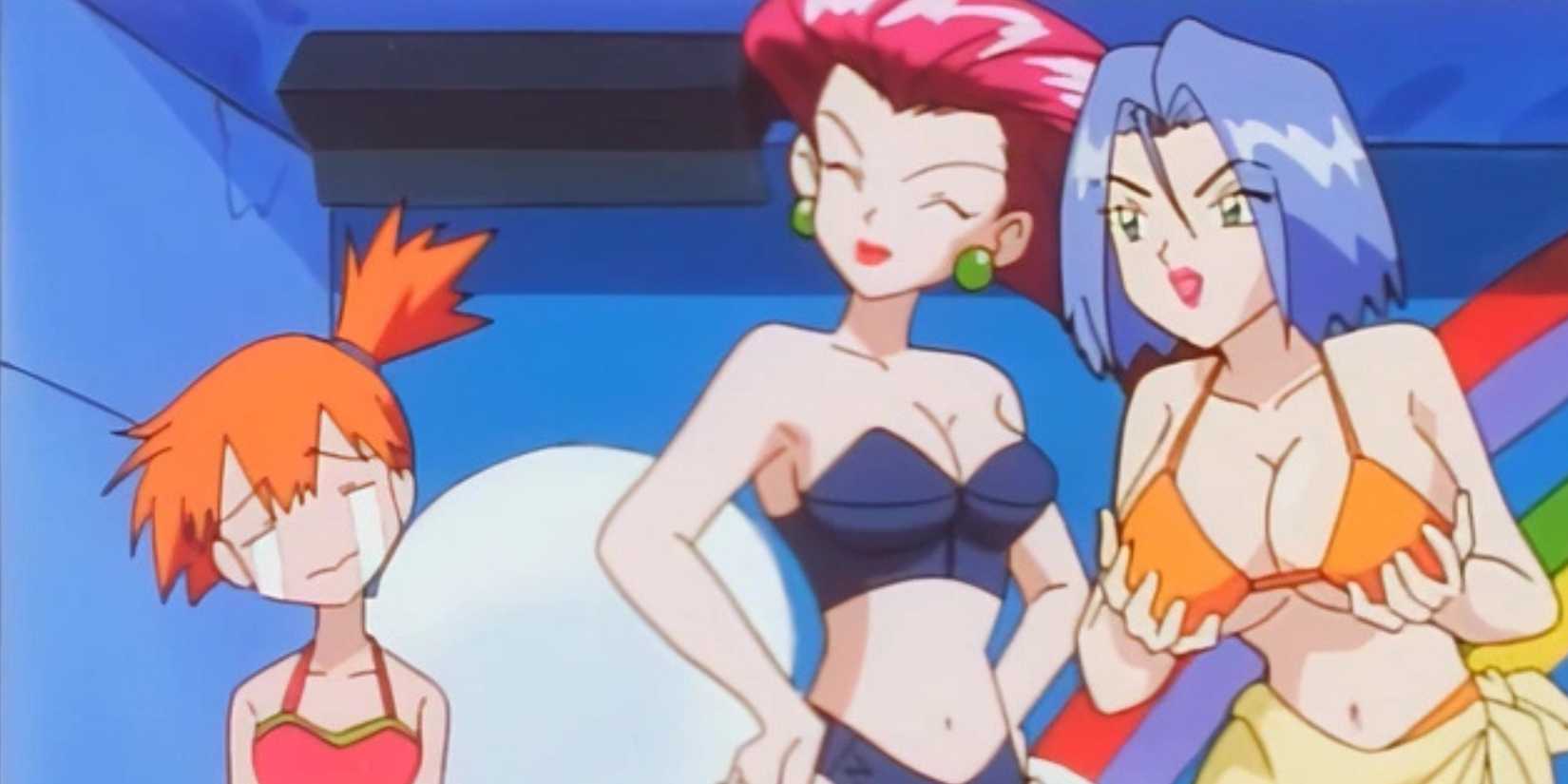 Misty, Jessie, and James in the Pokemon episode Beauty and the Beach