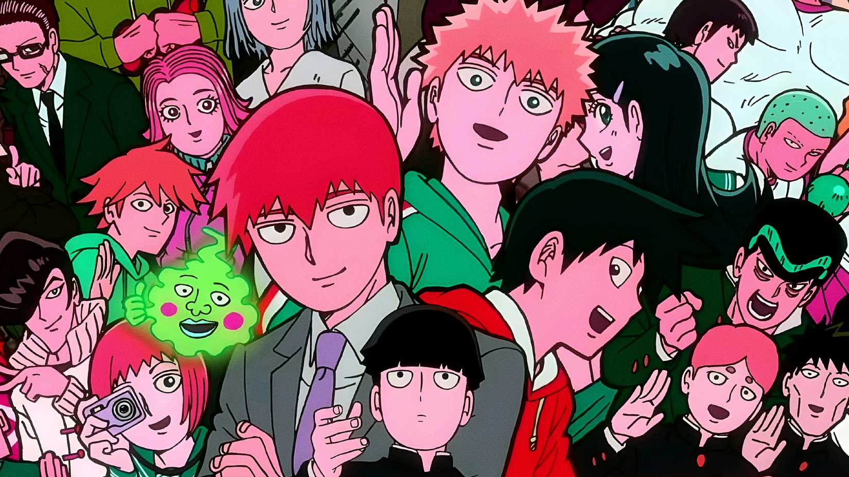 Mob Psycho 100's characters pose together for a cast image