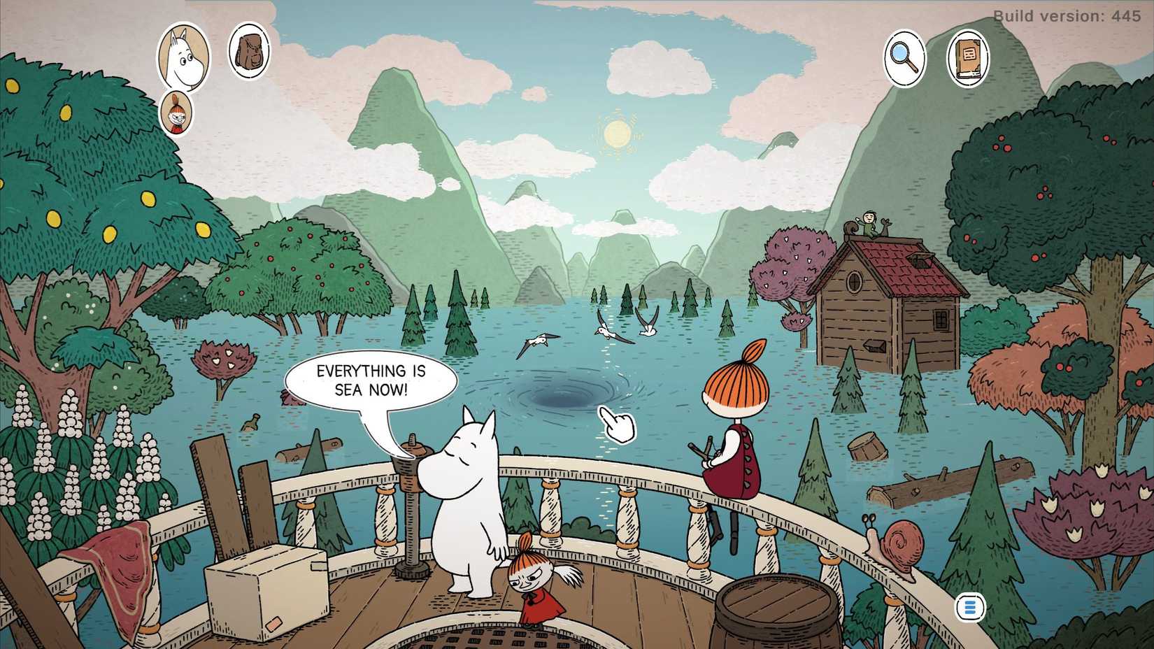 Moomin Midsummer Madness screenshot from demo with Moomintroll talking about the flood