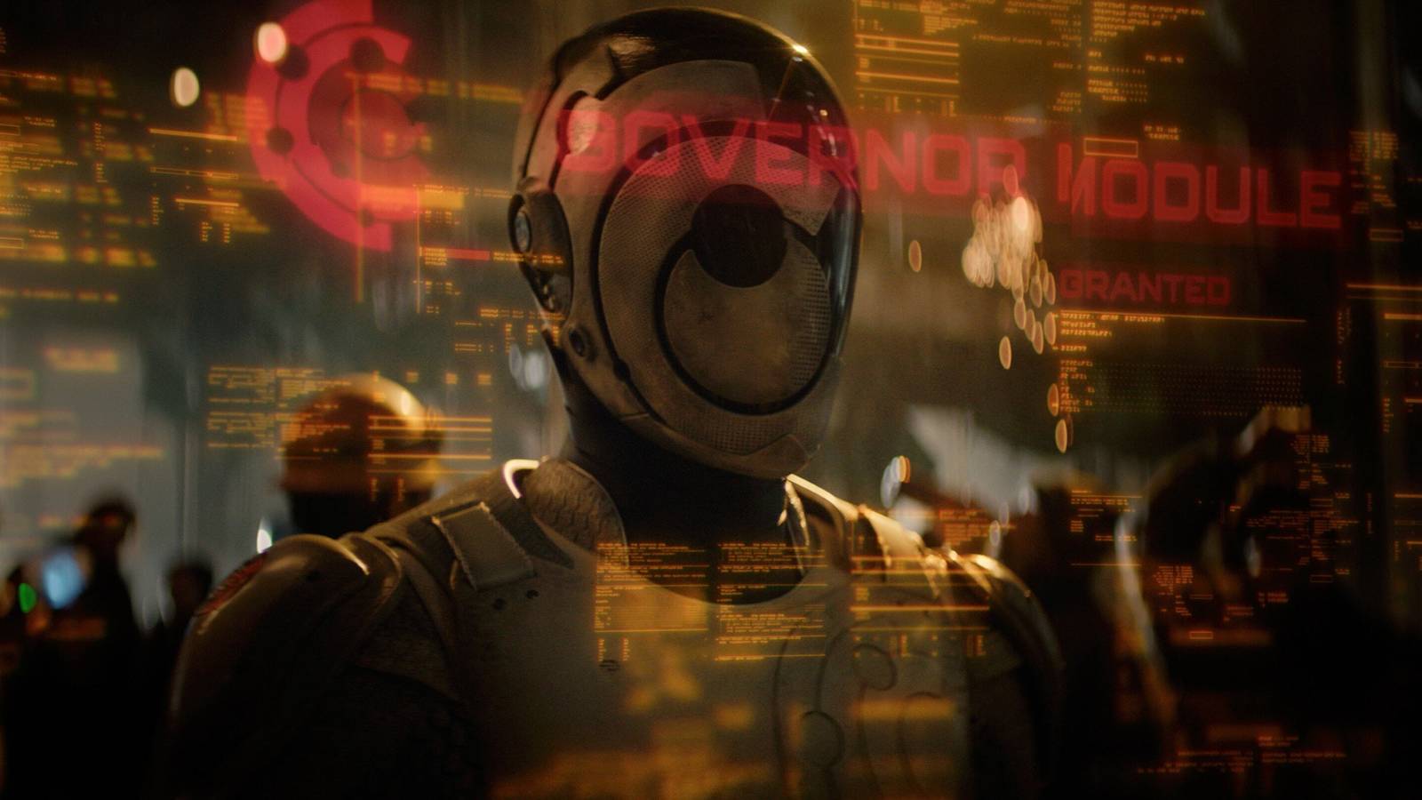 Un androida si nasconde mentre esplora un pianeta alieno, con un'atmosfera cyberpunk e tensione