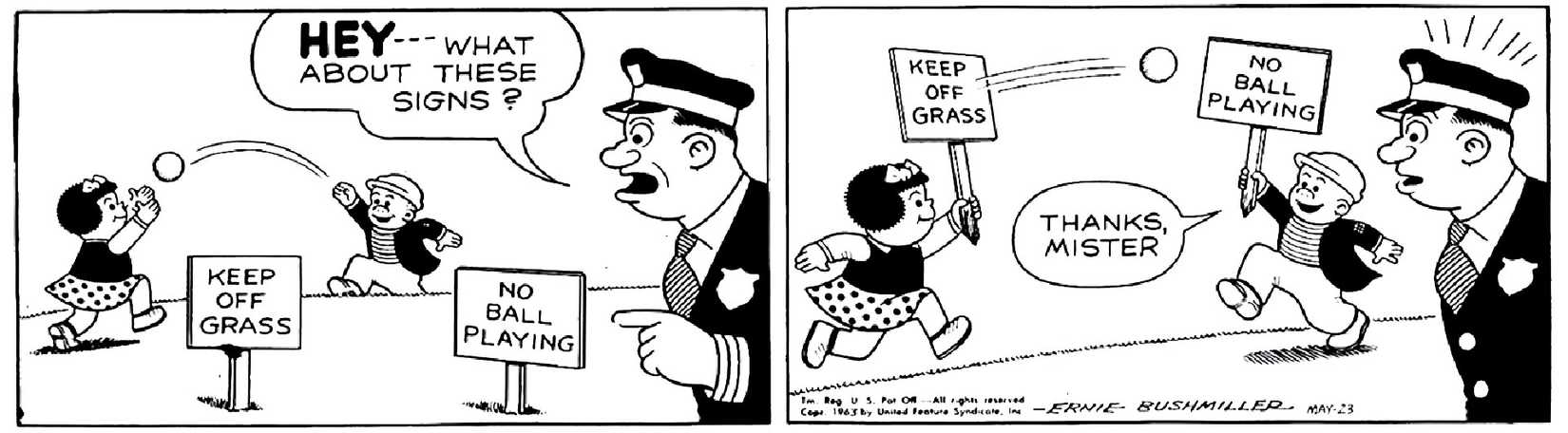 Nancy and Sluggo play with signs as an officer watches