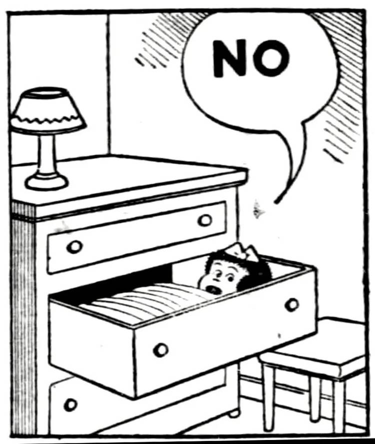 Nancy lying in a dresser drawer saying "No."
