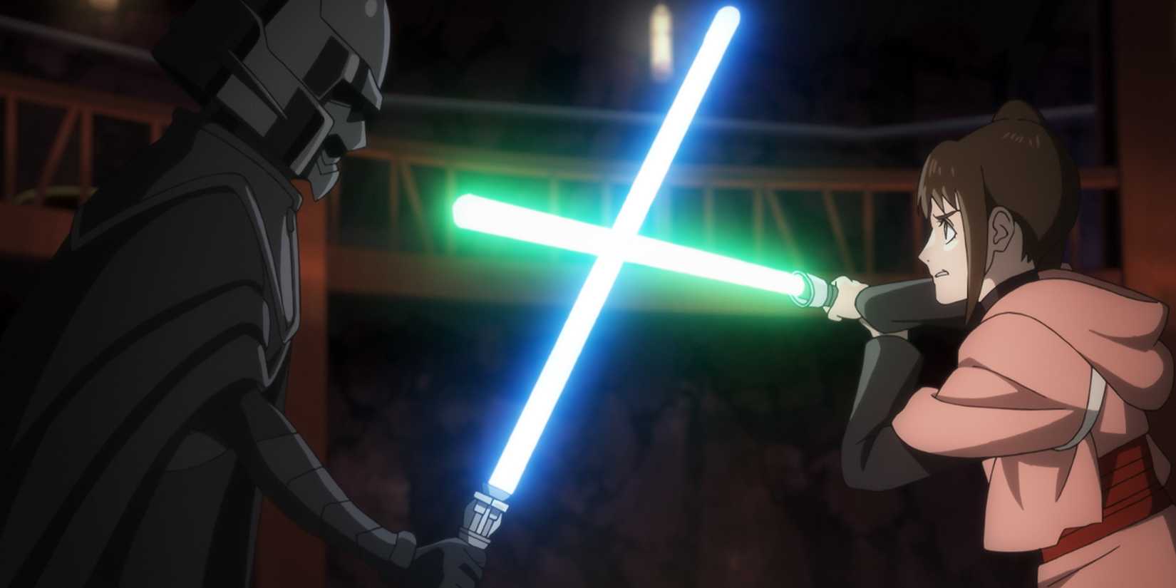 Nawaam and Kara in a lightsaber duel in Star Wars Visions Presents - The Ninth Jedi