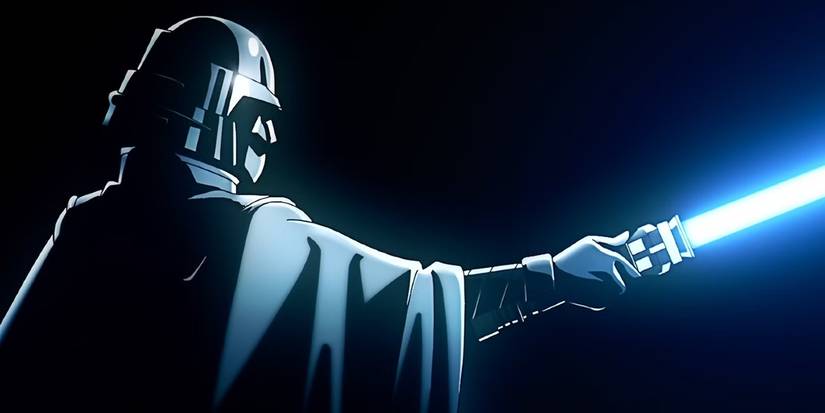 Nawaam holding his blue lightsaber in Star Wars Visions Presents - The Ninth Jedi