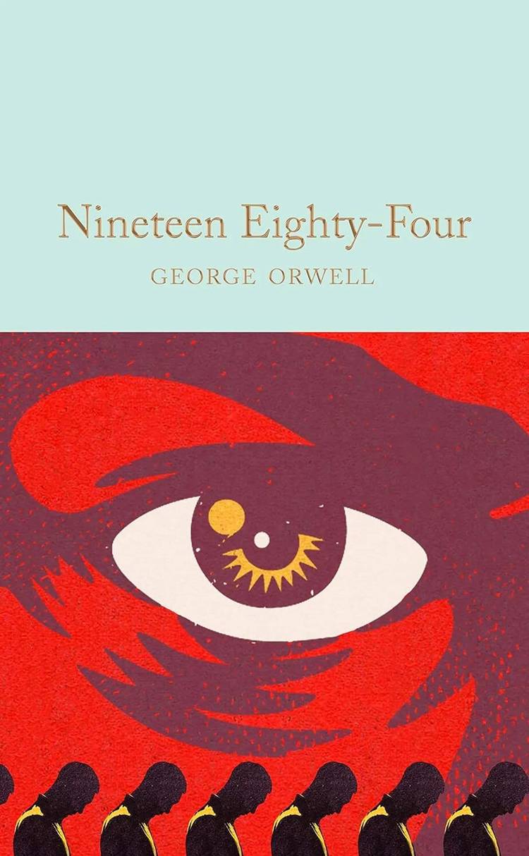 The book cover of Nineteen Eighty Four by George Orwell shows a large eye and people walking with their head down