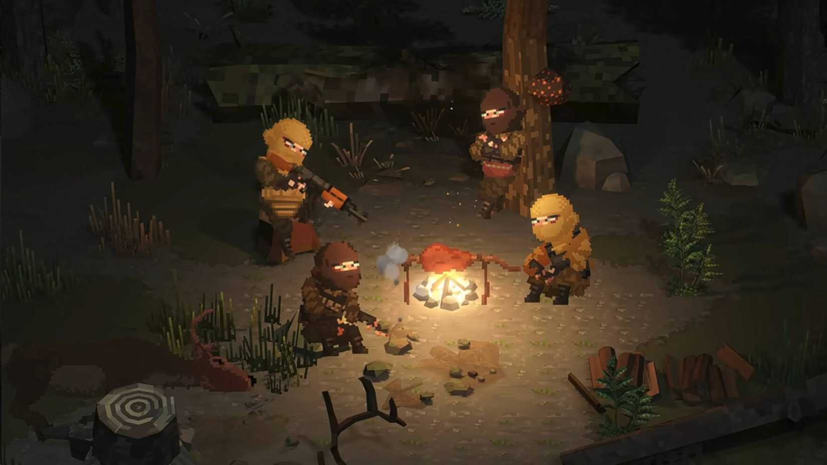 Soldiers gathered around a campfire holding guns in No Such Place.