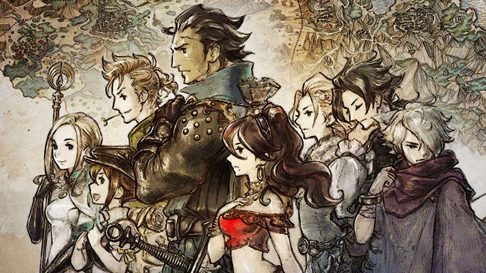 Art of the main cast of Octopath Traveler standing next to each other.