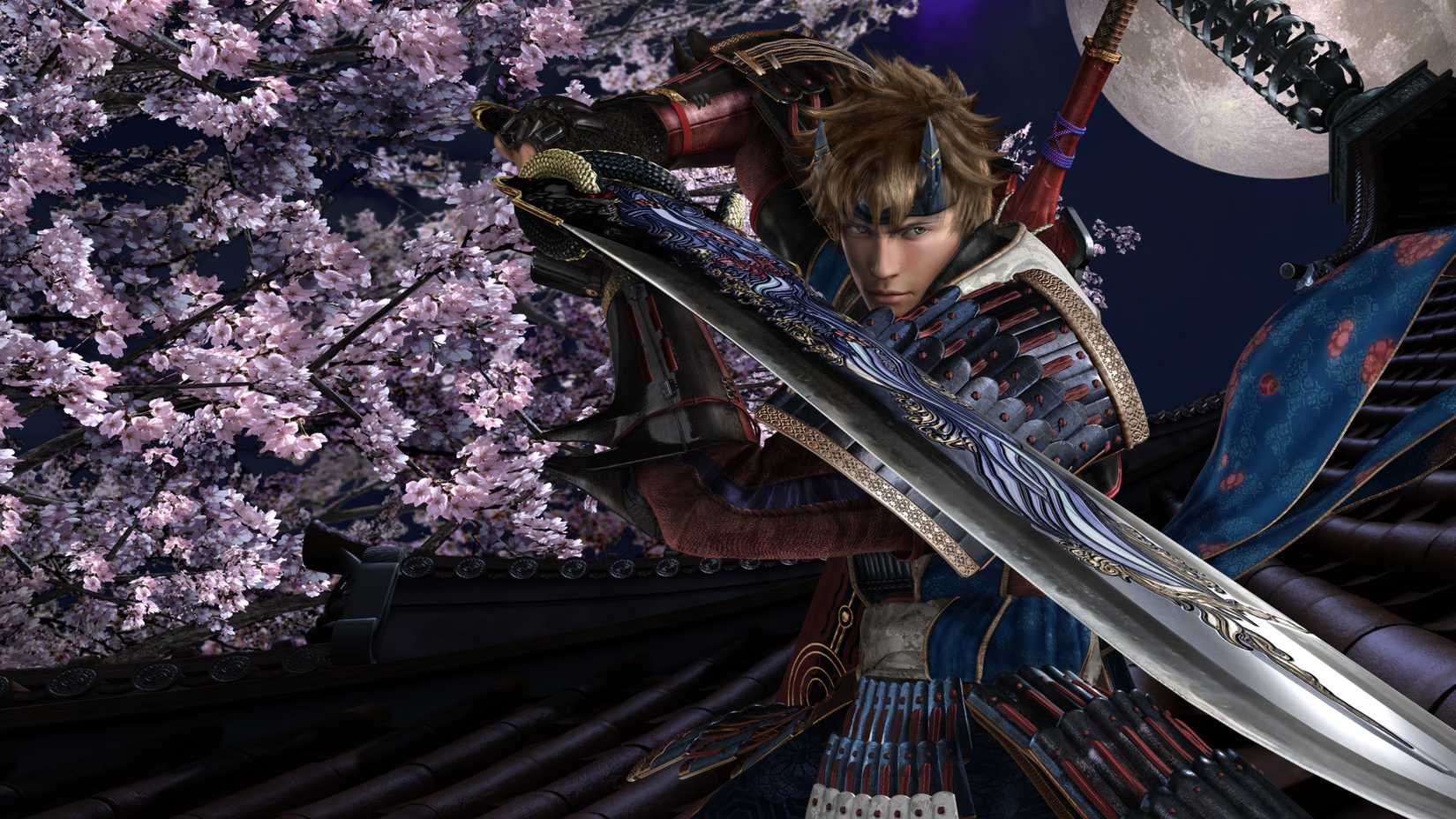 The warrior Soki wields a sword under the moonlight in Onimusha Dawn of Dreams artwork.
