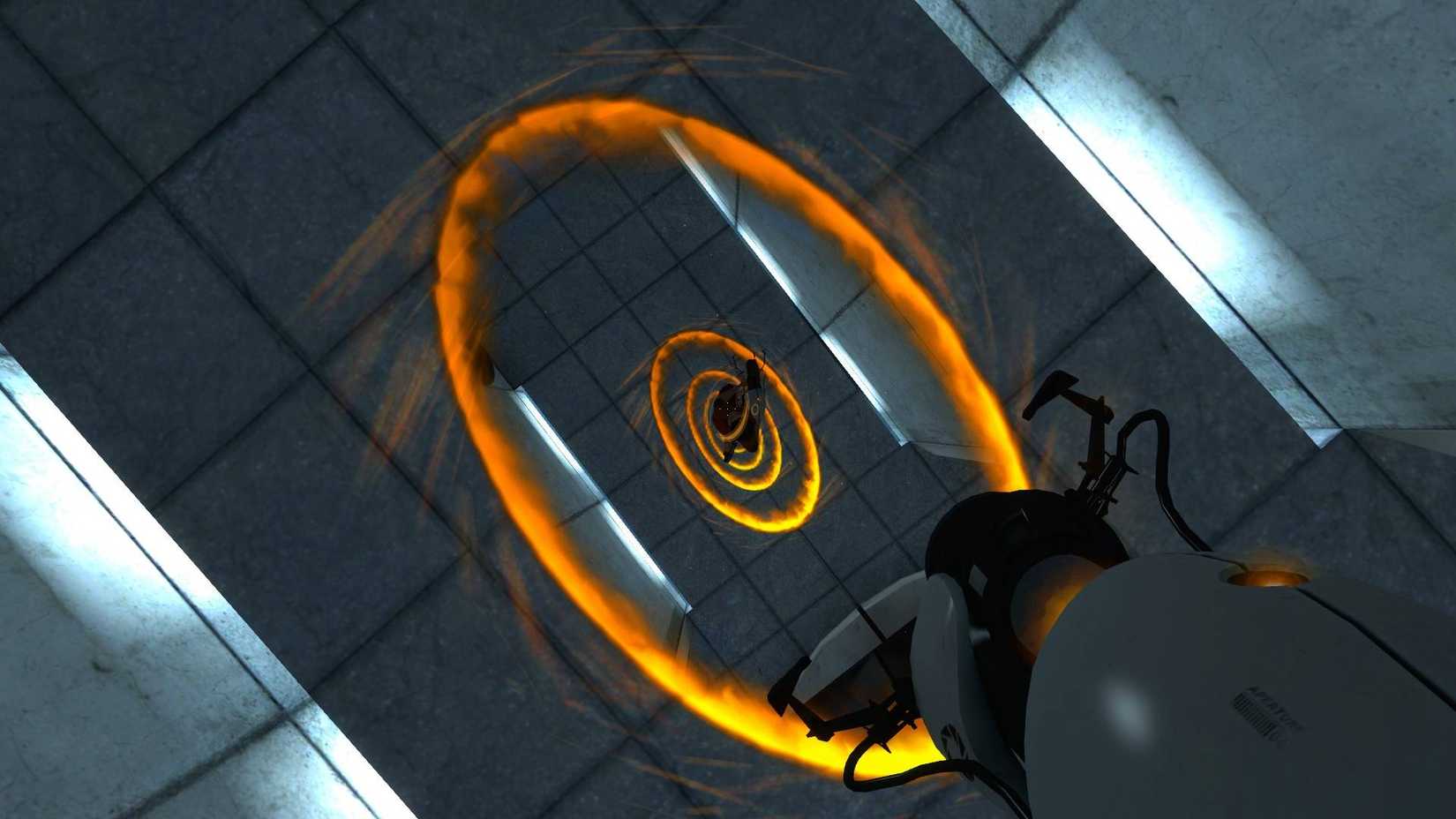 The player falling down an infinite loop of orange portals in Portal.