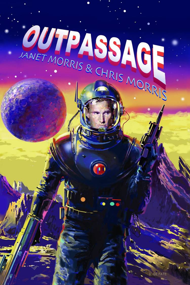 The cover of Outpassage by Janet Morris and Chris Morris shows a man in a space suit in front of mountains and a moon