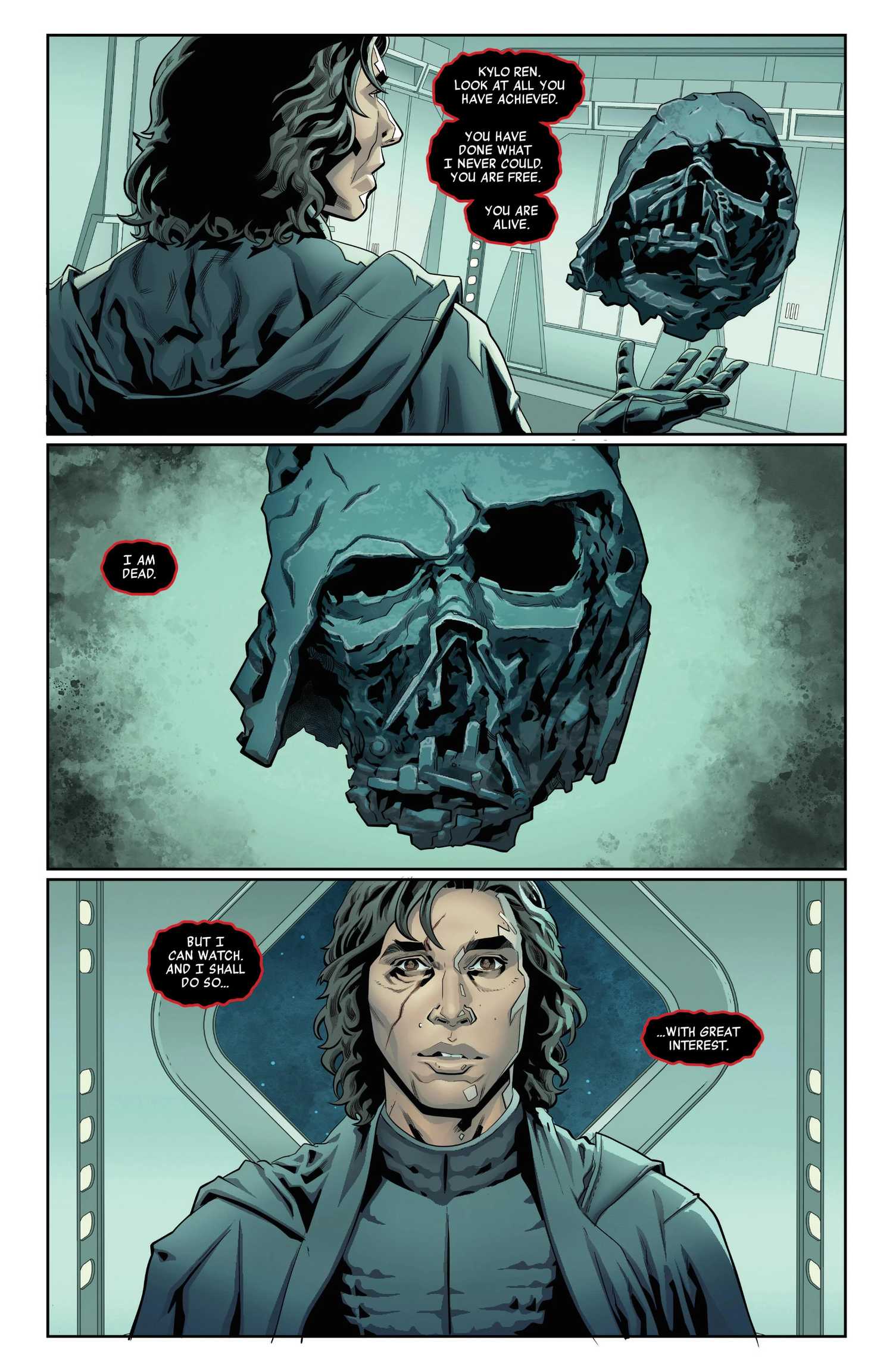 Palpatine Speaking To Kylo Ren Through Vader's Helmet in Fall of Kylo Ren #1