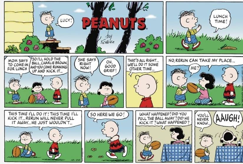 Peanuts comic strip October 24, 1999, Charlie Brown's football kick 