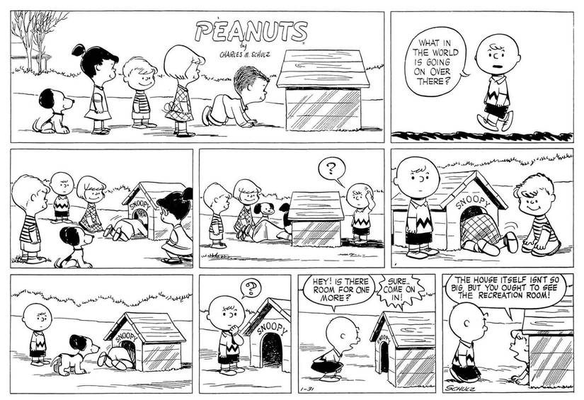 Peanuts comic strip January 31, 1954 The interior of Snoopy's house