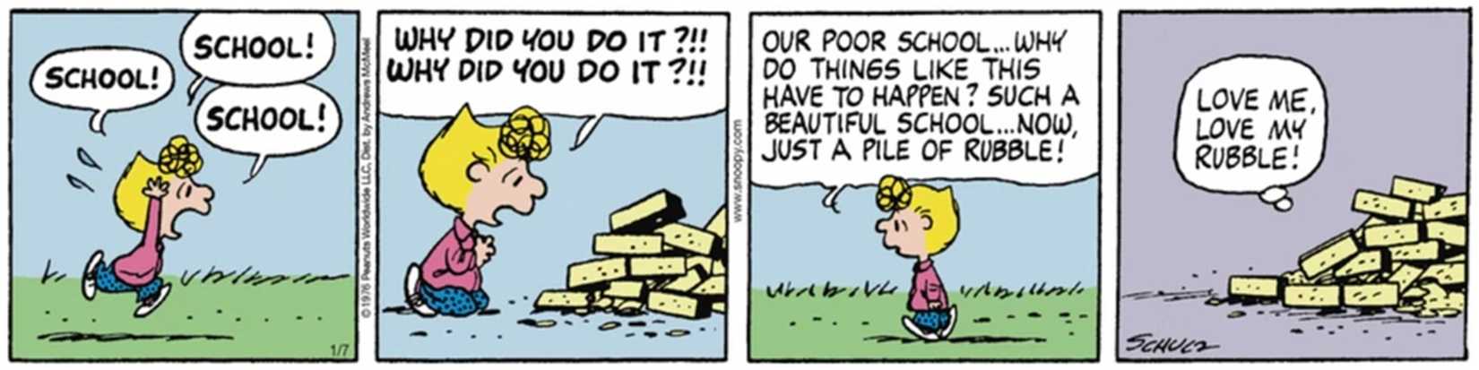 Peanuts strip from January 10, 1976, featuring Sally and the collapsed school building