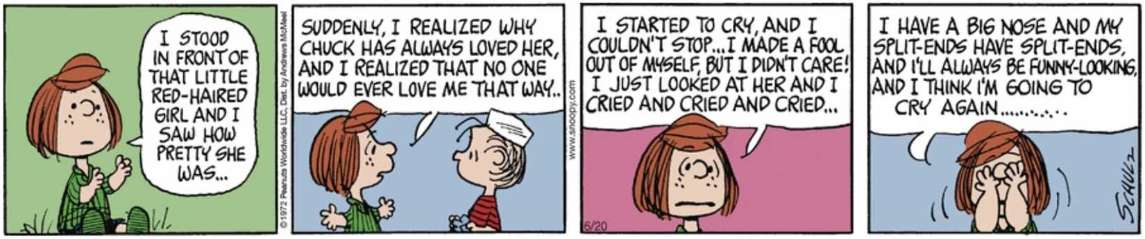 Peppermint Patty confides her insecurities to Linus in the Peanuts strip from June 22nd, 1972