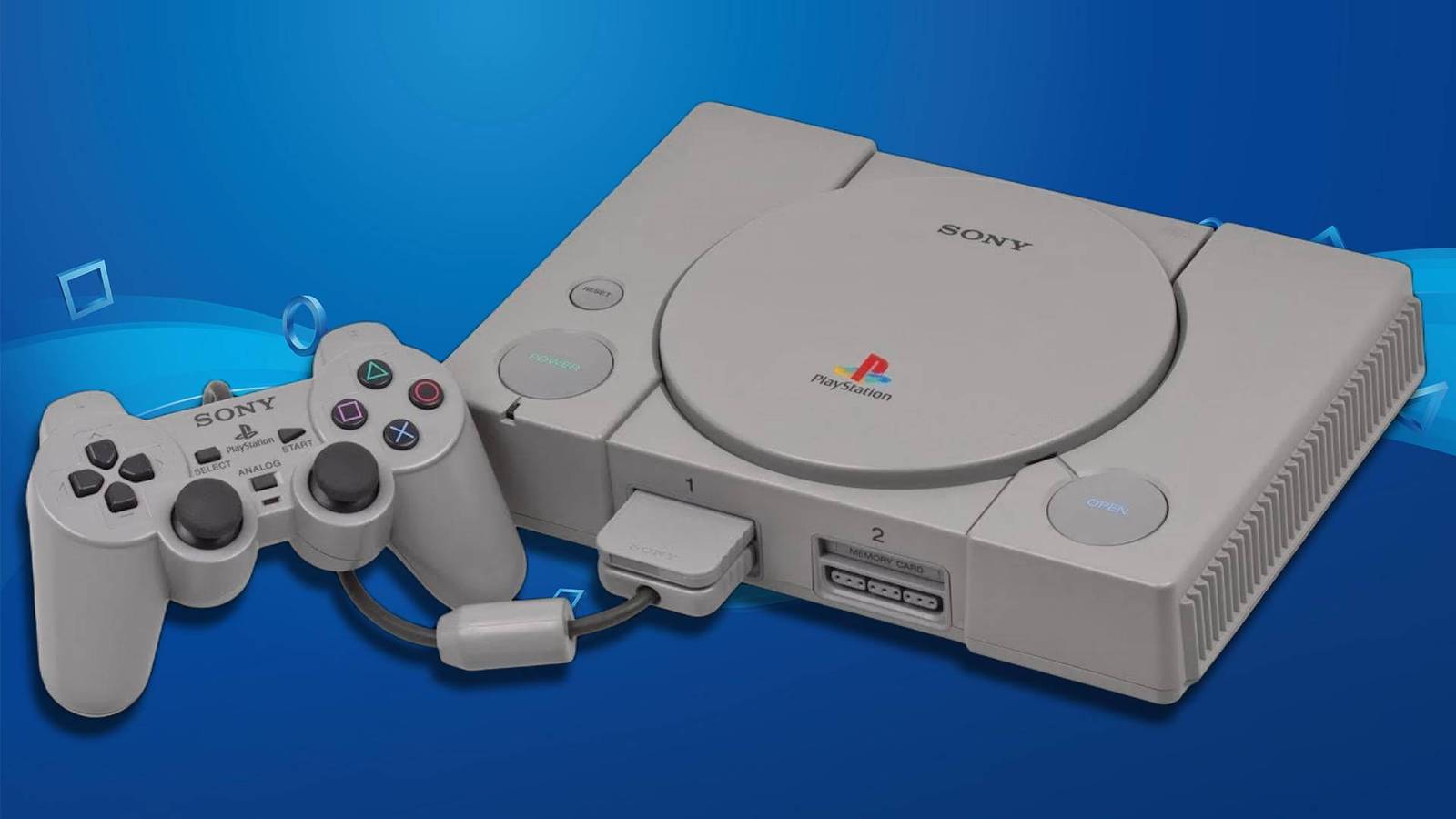 The PS1 and controller against a blue PlayStation background.