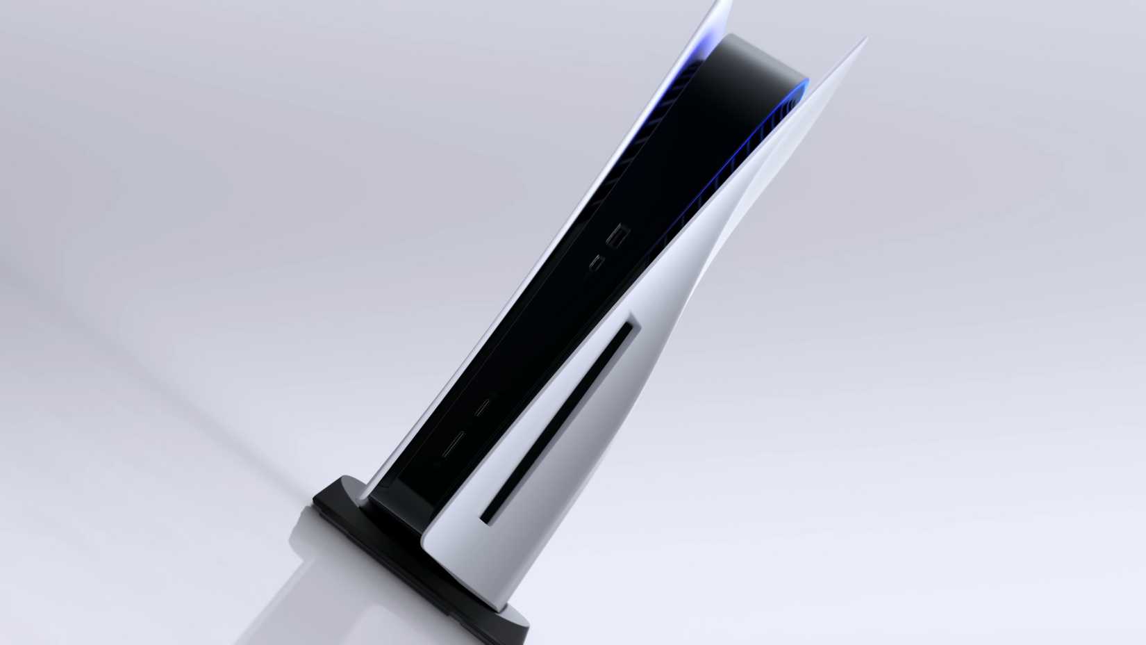The PlayStation 5 console is leaning diagonally.
