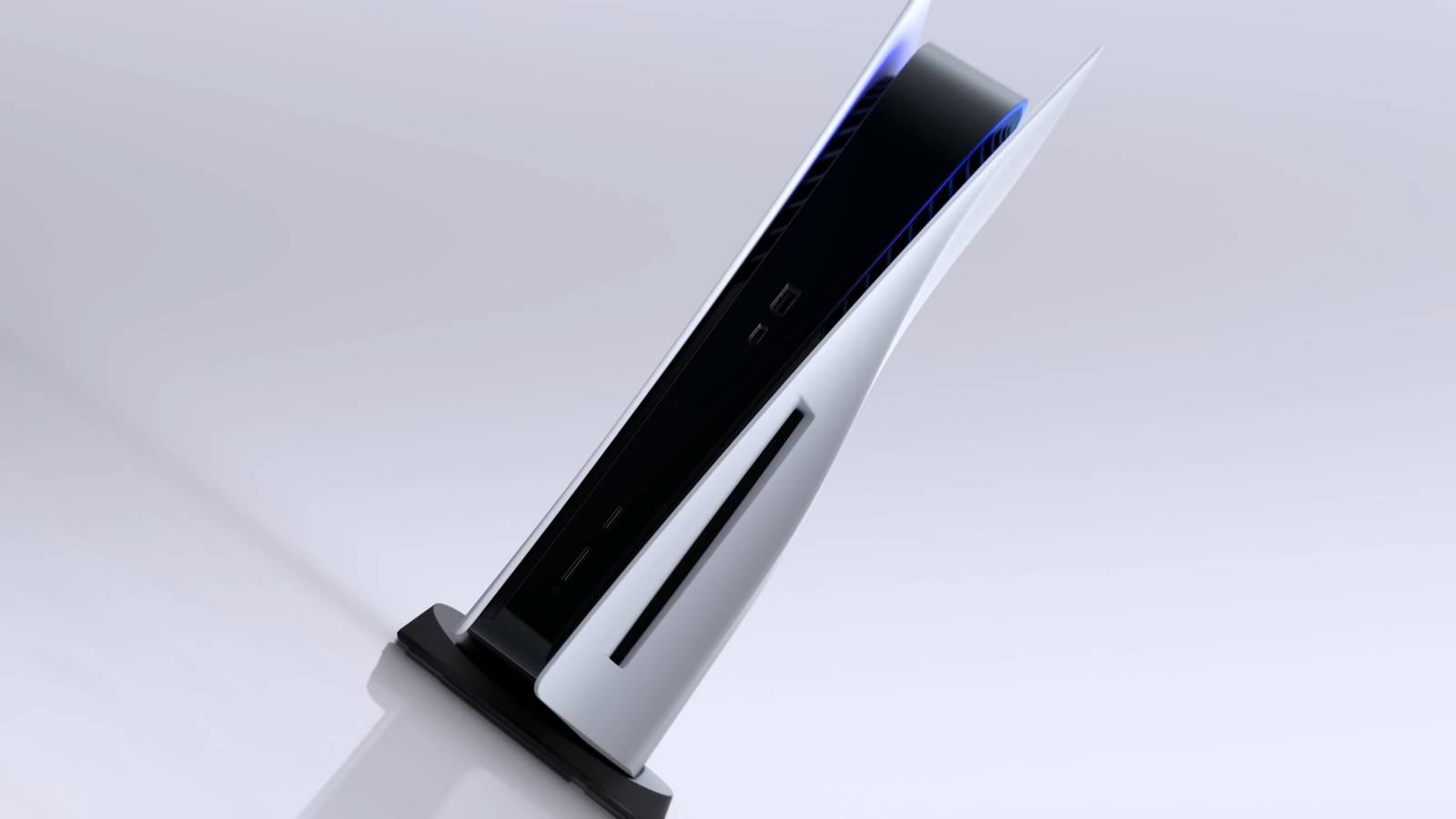 The PlayStation 5 console is leaning diagonally.