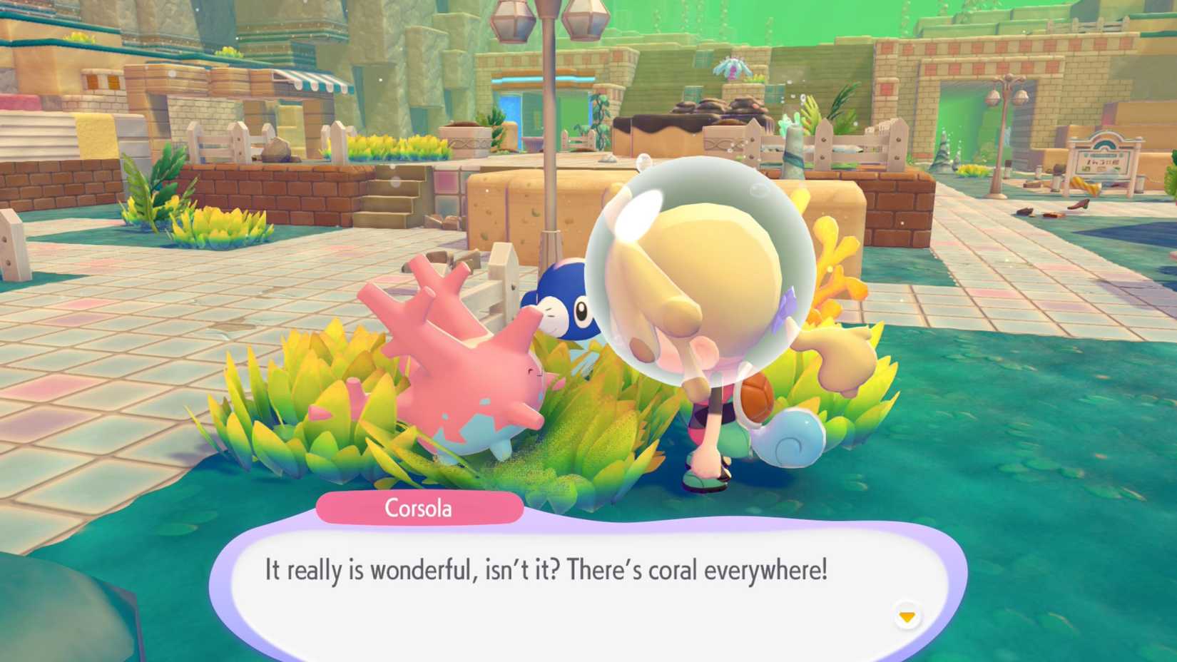 Pokemon Pokopia Bubbly Basin DLC Corsola talking about all the coral