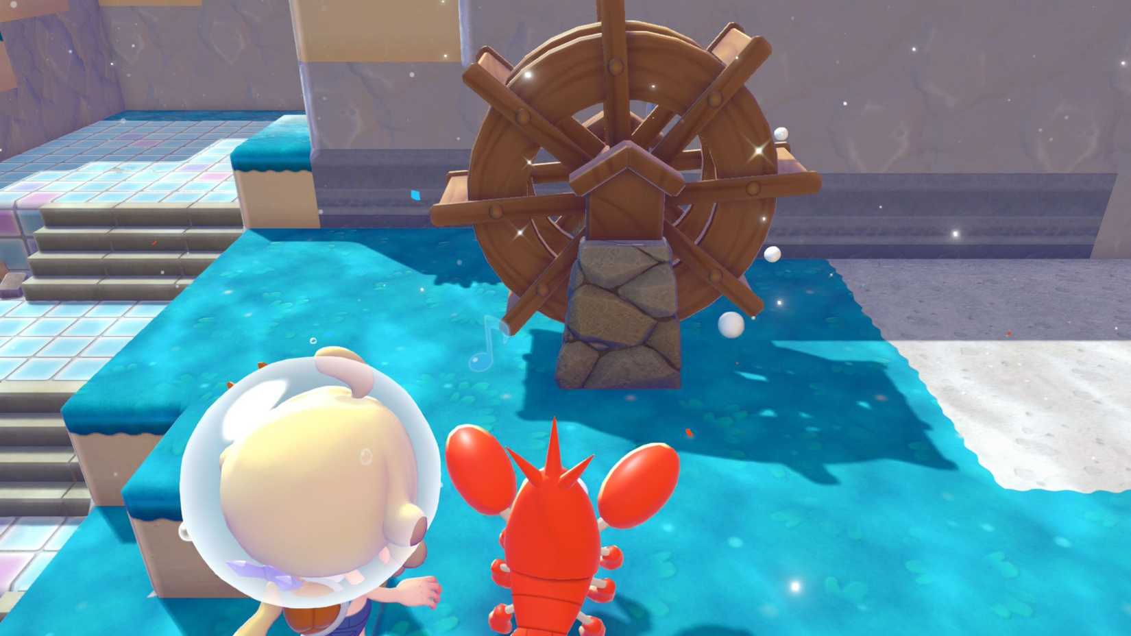 Pokemon Pokopia Bubbly Basin DLC Ditto and Corphish looking at a waterwheel
