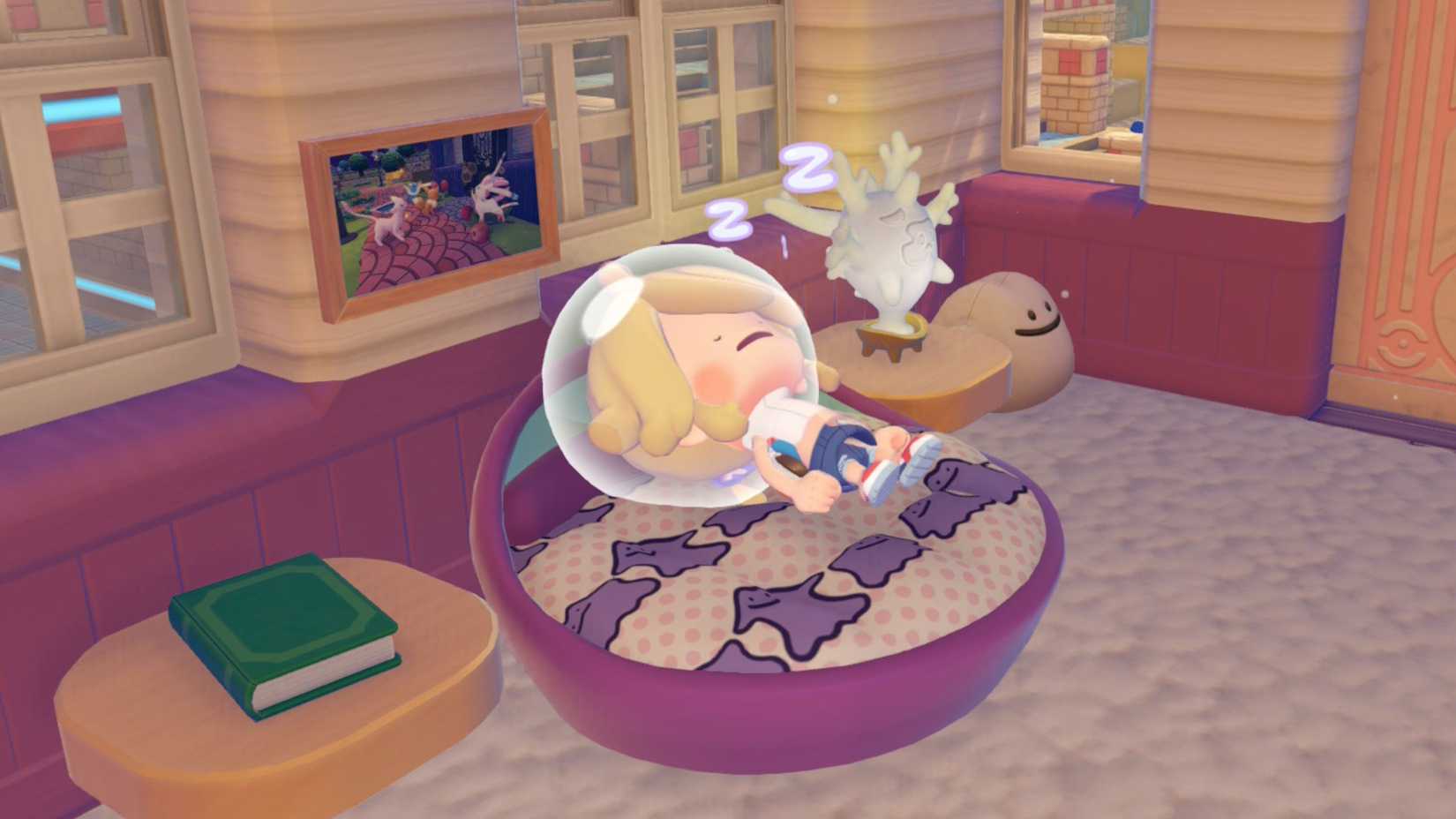 Pokemon Pokopia Bubbly Basin DLC Ditto sleeping on a bed