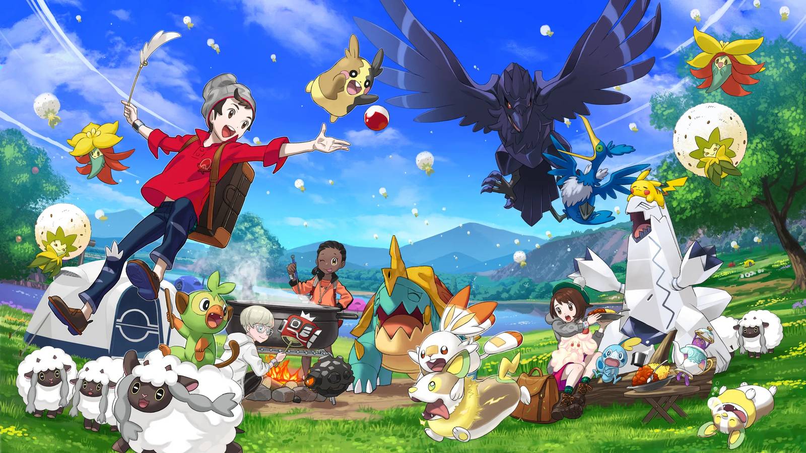 Four Trainers make camp with their Pokemon in the Galar wilderness.