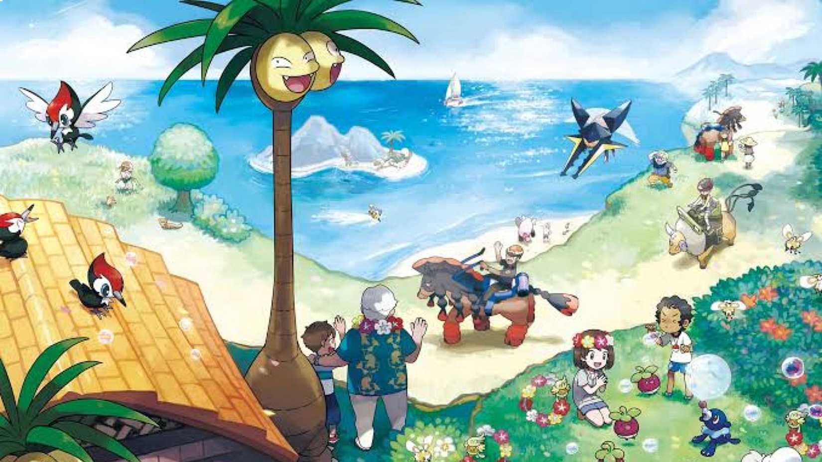 Key art of characters and Pokemon on a beach in Pokemon Sun and Moon.