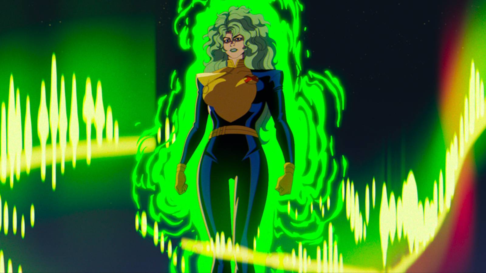 Polaris hovering in mid-air with green magnetic energy surrounding her