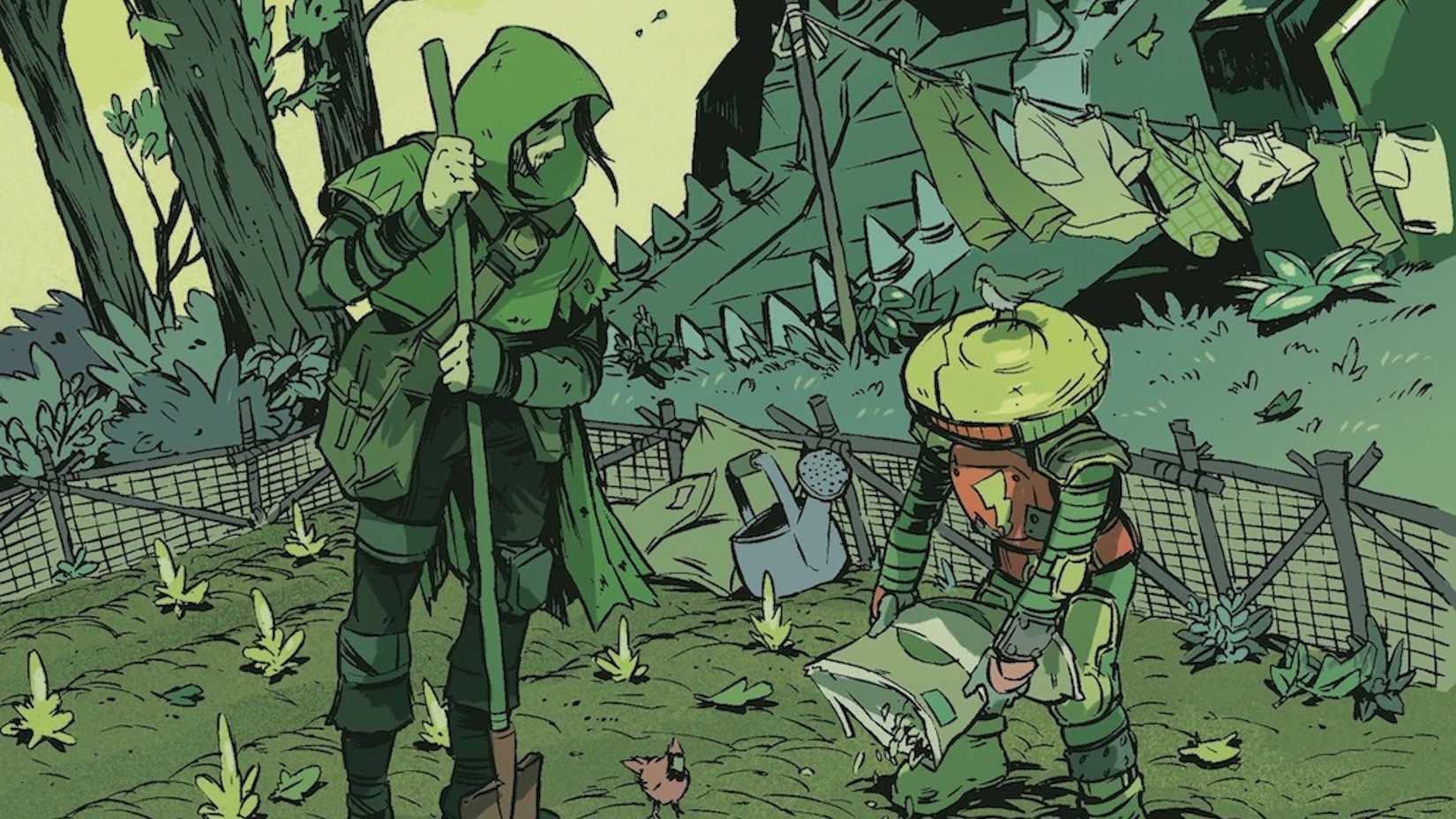 Tommy and Alpha 5 tending to a patch of farmland with clothes hanging behind them to dry