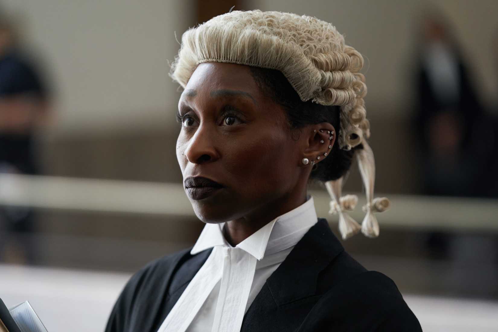 Cynthia Erivo in the official garb of a British attorney