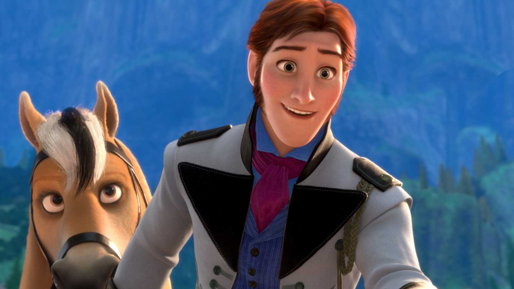 Prince Hans smiling with his horse in Frozen
